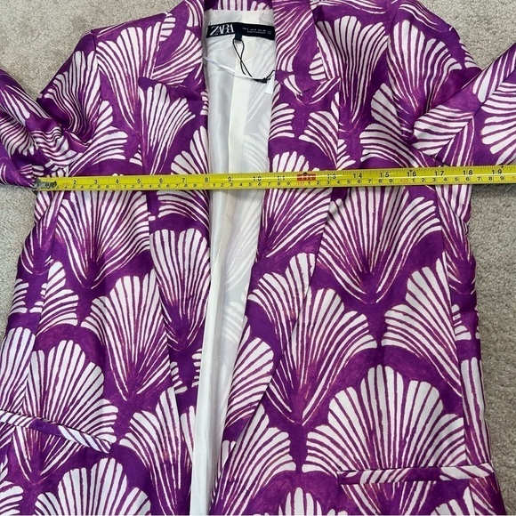 Zara fuchsia purple green printed satin open front long sleeve lapel blazer S - Picture 10 of 13